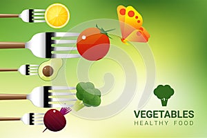 Vegetables on forks isolated on natural background , healthy food concept