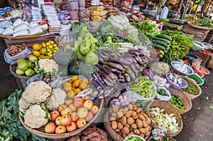 Vegetables and fresh fruits for sale at market, near Bagan, Myanmar Burma photo