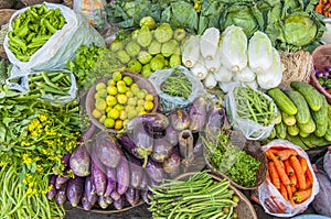 Vegetables and fresh fruits for sale at market, near Bagan, Myanmar Burma