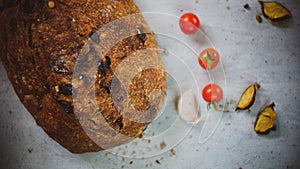 homemade bread vegetables with fresh organic fruits and vegetable food healthy diet rustic farmhouse style