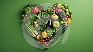 vegetables and fruit made into a heart shape over green background