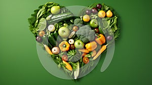vegetables and fruit made into a heart shape over green background