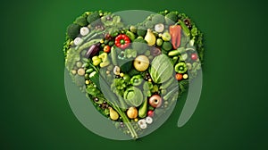 vegetables and fruit made into a heart shape over green background
