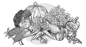 Vegetables Fruit Produce Food Illustration Woodcut