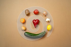 vegetables and fruit from top view with heart
