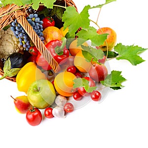 Vegetables and fruits in a basket isolated on white