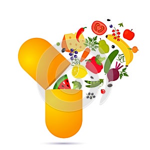 Vegetables and fruits fall into the pill. vitamins and minerals in dietary supplements. nutritional concept