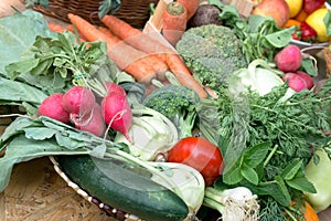 Vegetables and fruits, fresh organic vegetables on table