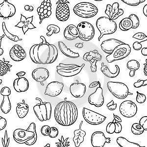 Vegetables and fruits. Hand drawn contour fruit and vegetable icons, vegan lifestyle, healthy organic food, doodle vector seamless