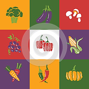 Vegetables and Fruits icons set and signs