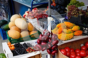 Vegetables and fruits on the market shelves