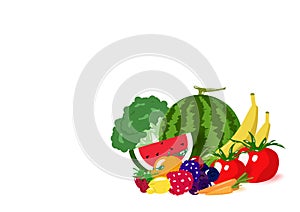 Vegetables and fruits pile, healthy food collection balance diet menu, food product, isolated on white space background vector