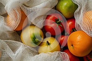 Vegetables and fruits in reusable bag top view. Generative AI