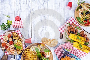 Vegetables, fruits and shrimp on the grill, for a summer lunch. Healthy food. Appetizers on a white background. Copy space. flat