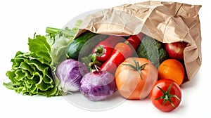 Vegetables and fruits on a white background in a paper bag. Vegetarian food.