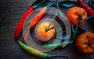 Vegetables and fruits wood board background