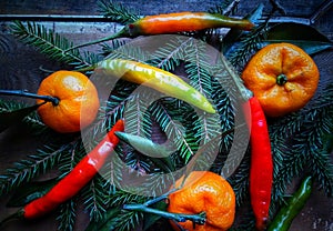 Vegetables and fruits wood board background