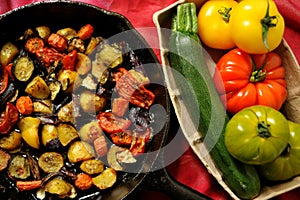 Vegetables, green organic home cooking conceptual image with fresh and roasted veggies photo