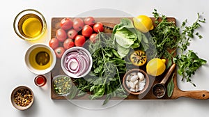 Vegetables and greens laid out for salad, vegetarian food preparation. low-calorie diet menu, vitamins from products