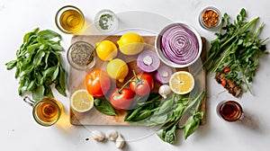 Vegetables and greens laid out for salad, vegetarian food preparation. low-calorie diet menu, vitamins from products