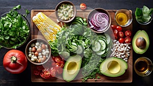 Vegetables and greens laid out for salad, vegetarian food preparation. low-calorie diet menu, vitamins from products