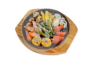 Vegetables grilled portion on pan white isolated