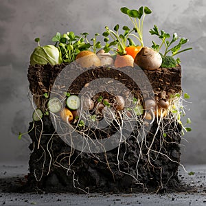 vegetables growing in compost circle including carrots, potatoes and lettuce.Generative AI