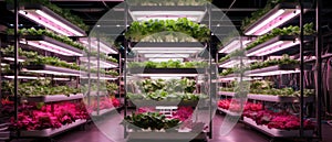 Vegetables are growing in indoor farm/vertical farm. Plants on vertical farms grow with led lights.