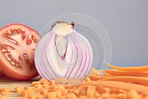 Vegetables: half a tomato, half a red onion and carrot cut into sticks and cubes