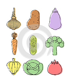 Vegetables hand drawing set. Potatoes and cabbage, peppers and carrots, eggplant and onions background