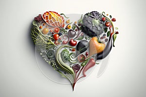 Vegetables in a Heart Shape. Heart shaped healthy vegetables. Vegetarian diet, healthy vegetables, love for veggies concept. Ai