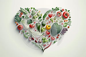 Vegetables in a Heart Shape. Heart shaped healthy vegetables. Vegetarian diet, healthy vegetables, love for veggies concept. Ai