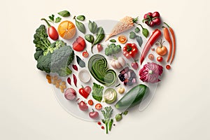 Vegetables in a Heart Shape. Heart shaped healthy vegetables. Vegetarian diet, healthy vegetables, love for veggies concept. Ai