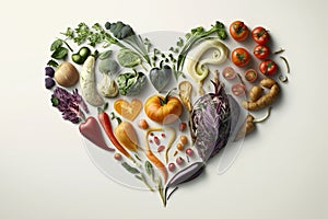 Vegetables in a Heart Shape. Heart shaped healthy vegetables. Vegetarian diet, healthy vegetables, love for veggies concept. Ai