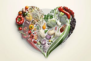 Vegetables in a Heart Shape. Heart shaped healthy vegetables. Vegetarian diet, healthy vegetables, love for veggies concept. Ai