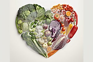 Vegetables in a Heart Shape. Heart shaped healthy vegetables. Vegetarian diet, healthy vegetables, love for veggies concept. Ai