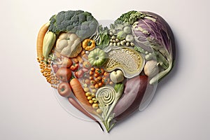 Vegetables in a Heart Shape. Heart shaped healthy vegetables. Vegetarian diet, healthy vegetables, love for veggies concept. Ai