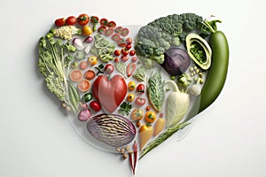 Vegetables in a Heart Shape. Heart shaped healthy vegetables. Vegetarian diet, healthy vegetables, love for veggies concept. Ai