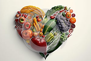 Vegetables in a Heart Shape. Heart shaped healthy vegetables. Vegetarian diet, healthy vegetables, love for veggies concept. Ai