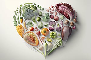 Vegetables in a Heart Shape. Heart shaped healthy vegetables. Vegetarian diet, healthy vegetables, love for veggies concept. Ai