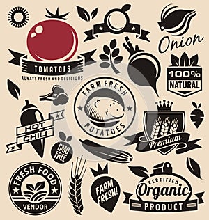 Vegetables icons, labels, signs, symbols, logo layouts and design elements