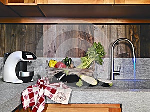 Vegetables on the marble worktop in the kitchen