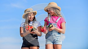 Vegetables market. Happy sisters work at family farm. Natural vitamin nutrition. Girls cute children in hats farming