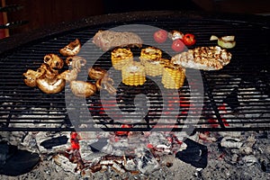 Vegetables and meat grilling. mushrooms corn pepper tomatos gar