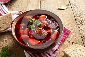 Vegetables and meat soup (borsch)