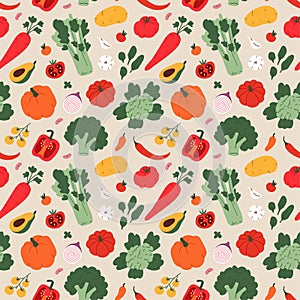 Vegetables natural pattern, seamless vector background with food ingredients illustration, simple modern food