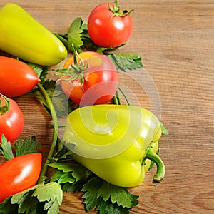 Vegetables on old wooden table. Flat lay, top view