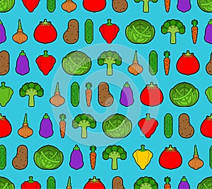 Vegetables pattern seamless. Vegetable background. Tomato and cabbage. Bell pepper and eggplant. Potatoes, onions and broccoli.