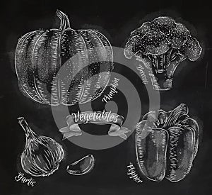 Vegetables pepper, pumpkin, garlic, broccoli chalk photo