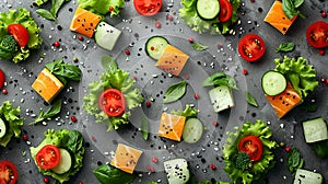 vegetables in pieces neatly arranged and top view, vegan food wallpaper